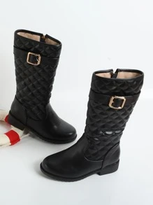 Girls Quilted Pattern Buckle Decor Combat Boots - Black - View 1