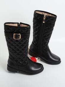 Girls Quilted Pattern Buckle Decor Combat Boots - Black - View 2