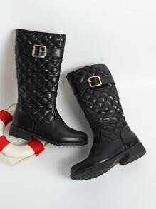 Girls Quilted Pattern Buckle Decor Combat Boots - Black - View 3