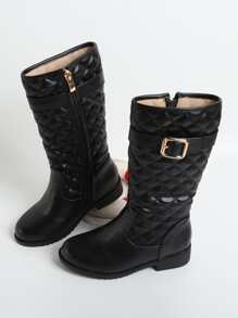 Girls Quilted Pattern Buckle Decor Combat Boots - Black - View 6