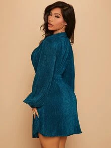 SHEIN SXY Button Front Rib-knit Shirt Dress - Teal Blue - View 2