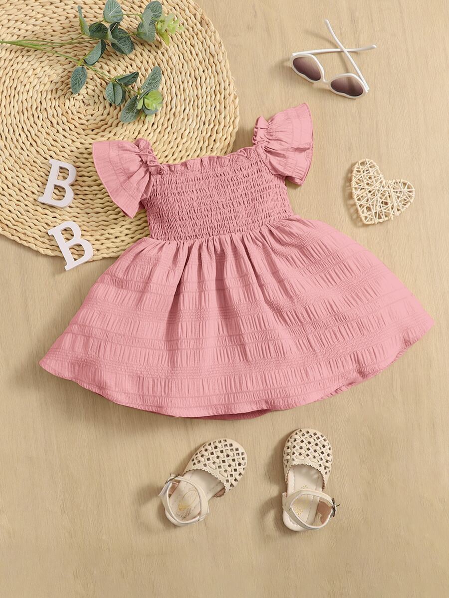 SHEIN Baby Girl'S Shirred Butterfly Sleeve Dress With Comfortable, Lovely And Sweet Design For Summer - Dusty Pink - View 1