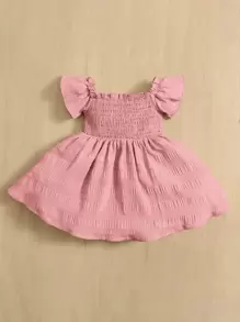 SHEIN Baby Girl'S Shirred Butterfly Sleeve Dress With Comfortable, Lovely And Sweet Design For Summer - Dusty Pink - View 2