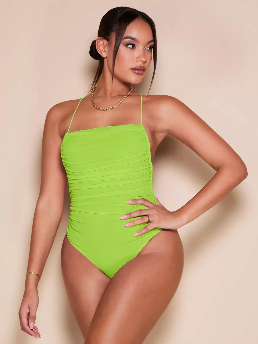 SHEIN BAE Criss Cross Tie Backless Bodysuit - Lime Green - View 1