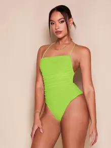 SHEIN BAE Criss Cross Tie Backless Bodysuit - Lime Green - View 3
