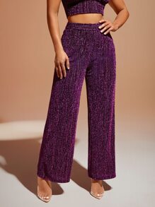 SHEIN BAE 高腰金屬亮絲闊腿褲 - 紫色 - 查看 1