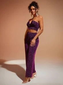 SHEIN BAE 高腰金屬亮絲闊腿褲 - 紫色 - 查看 3