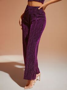 SHEIN BAE 高腰金屬亮絲闊腿褲 - 紫色 - 查看 4