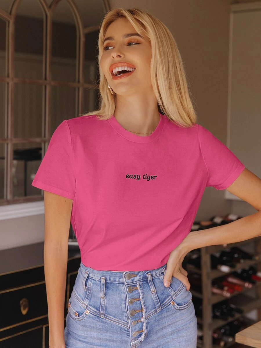 SHEIN EZwear Áo thun nữ Lá thư Giải trí - Màu Hồng Tươi - Xem 1