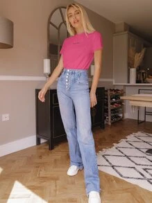 SHEIN EZwear Áo thun nữ Lá thư Giải trí - Màu Hồng Tươi - Xem 3