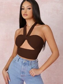 SHEIN BAE 鏤空打結繞頸短版上衣 - 巧克力棕 - 查看 1