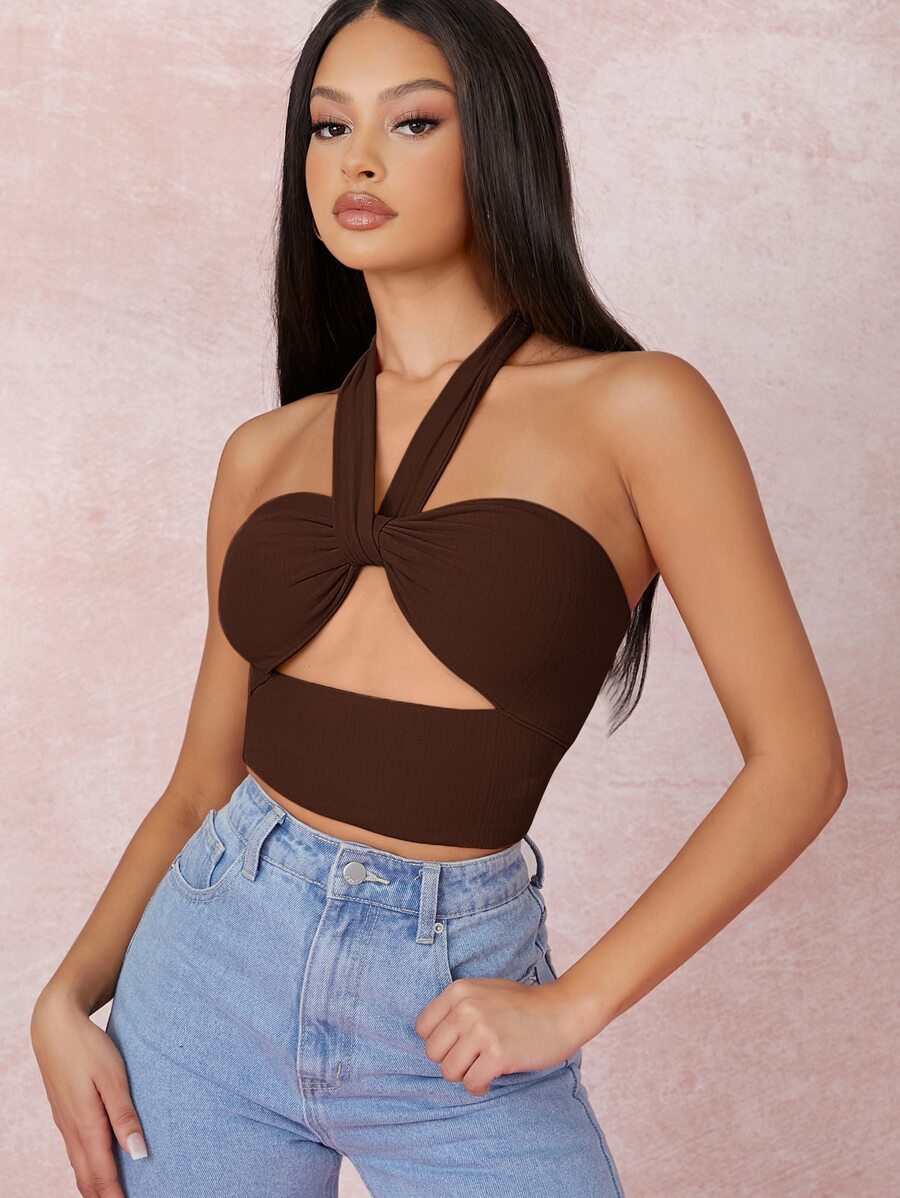 SHEIN BAE 鏤空打結繞頸短版上衣 - 巧克力棕 - 查看 1