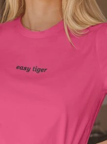 SHEIN EZwear Áo thun nữ Lá thư Giải trí - Màu Hồng Tươi - Xem 5