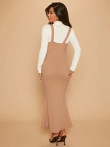 SHEIN SXY Solid Overall Dress Without Tee - Camel - View 2
