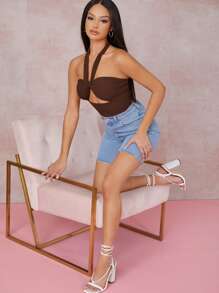 SHEIN BAE 鏤空打結繞頸短版上衣 - 巧克力棕 - 查看 3