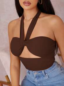 SHEIN BAE 鏤空打結繞頸短版上衣 - 巧克力棕 - 查看 4