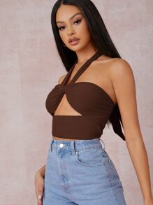 SHEIN BAE 鏤空打結繞頸短版上衣 - 巧克力棕 - 查看 5