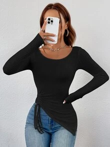 SHEIN Essnce Drawstring Side Asymmetrical Hem Tee - Black - View 4