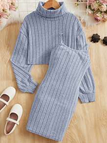 SHEIN 少女高領下垂肩披肩上衣和裙子 - 霧霾藍 - 查看 1