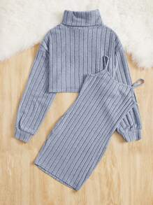 SHEIN 少女高領下垂肩披肩上衣和裙子 - 霧霾藍 - 查看 2