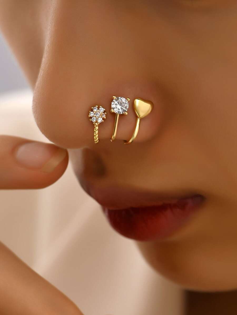 3pcs/Set Heart & Cubic Zirconia Decor Nose Cuff Unisex Fashion Punk Body Piercing Jewelry Valentines,Mom,Mother,Mother's Day,Gift - Yellow Gold - View 1