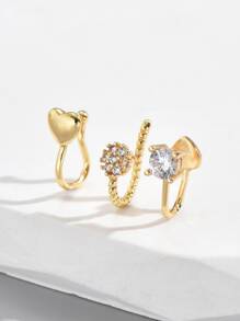 3pcs/Set Heart & Cubic Zirconia Decor Nose Cuff Unisex Fashion Punk Body Piercing Jewelry Valentines,Mom,Mother,Mother's Day,Gift - Yellow Gold - View 3
