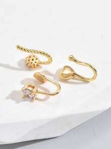 3pcs/Set Heart & Cubic Zirconia Decor Nose Cuff Unisex Fashion Punk Body Piercing Jewelry Valentines,Mom,Mother,Mother's Day,Gift - Yellow Gold - View 4