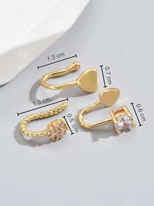 3pcs/Set Heart & Cubic Zirconia Decor Nose Cuff Unisex Fashion Punk Body Piercing Jewelry Valentines,Mom,Mother,Mother's Day,Gift - Yellow Gold - View 6