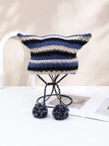 1 Chiếc Mũ Len Dệt Kim Có Họa Tiết Sọc Ngựa Vằn Dễ Thương Cho Nữ Với Vành Tai Và Pom Pom, Có Thể Điều Chỉnh - Màu xanh lam - Xem 12