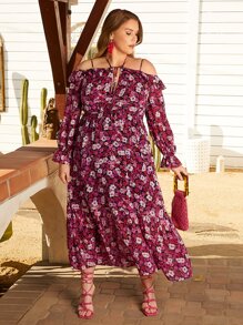 SHEIN VCAY Vestido con estampado floral halter de hombros descubiertos bajo con fruncido