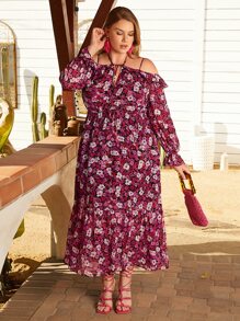 SHEIN VCAY Vestido con estampado floral halter de hombros descubiertos bajo con fruncido