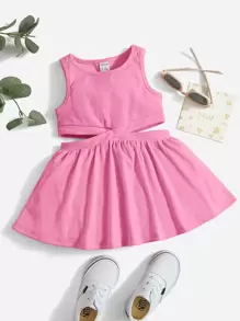 SHEIN Baby Girl Ribbed Knit Hollow Out Sundress, Comfortable, Cute And Sweet; Suitable For Summer - Baby Pink - View 1