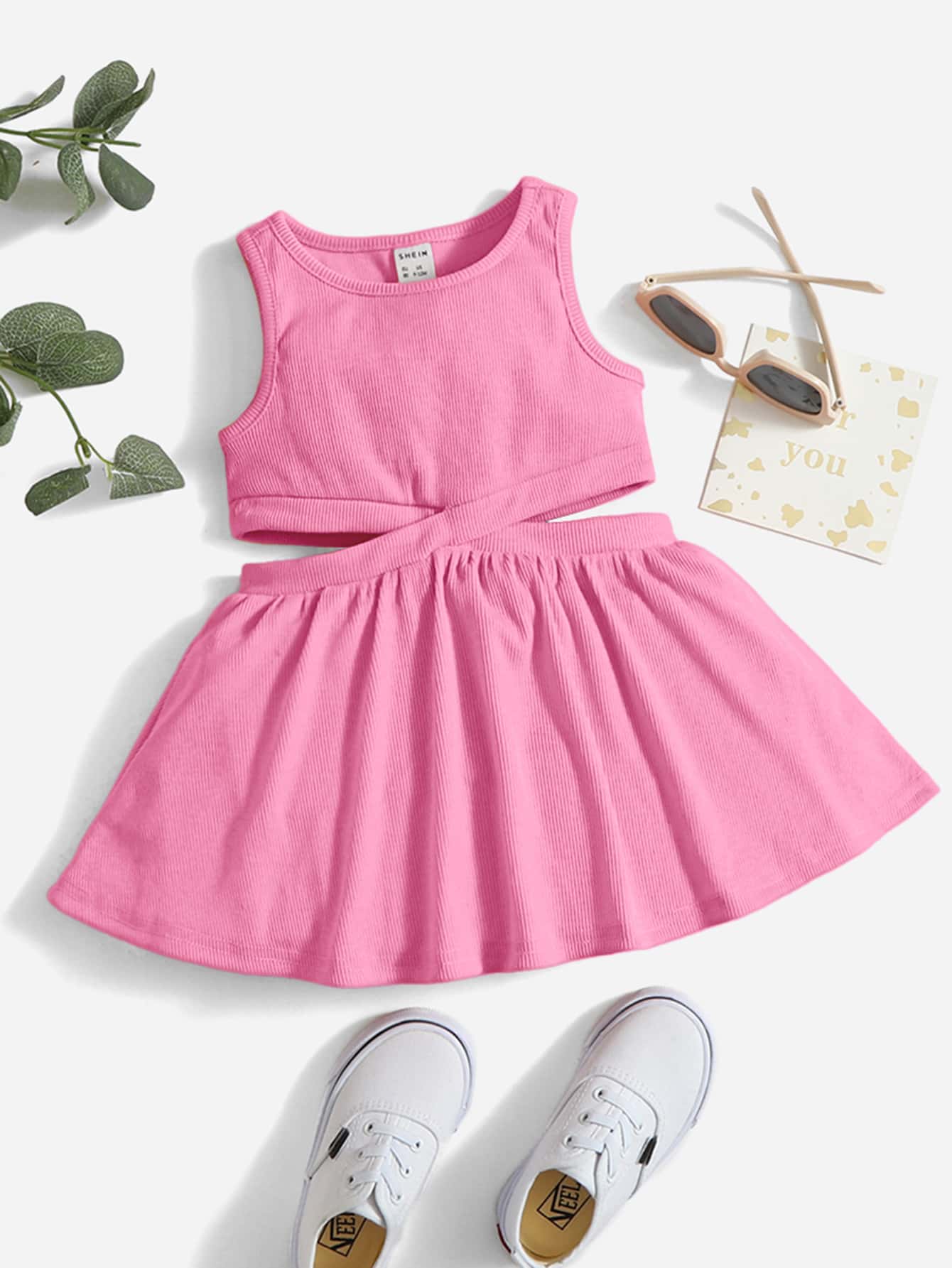 SHEIN Baby Girl Ribbed Knit Hollow Out Sundress, Comfortable, Cute And Sweet; Suitable For Summer - Baby Pink - View 1