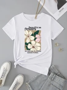 SHEIN VCAY Áo thun nữ Hoa Slogan Giải trí - trắng - Xem 1