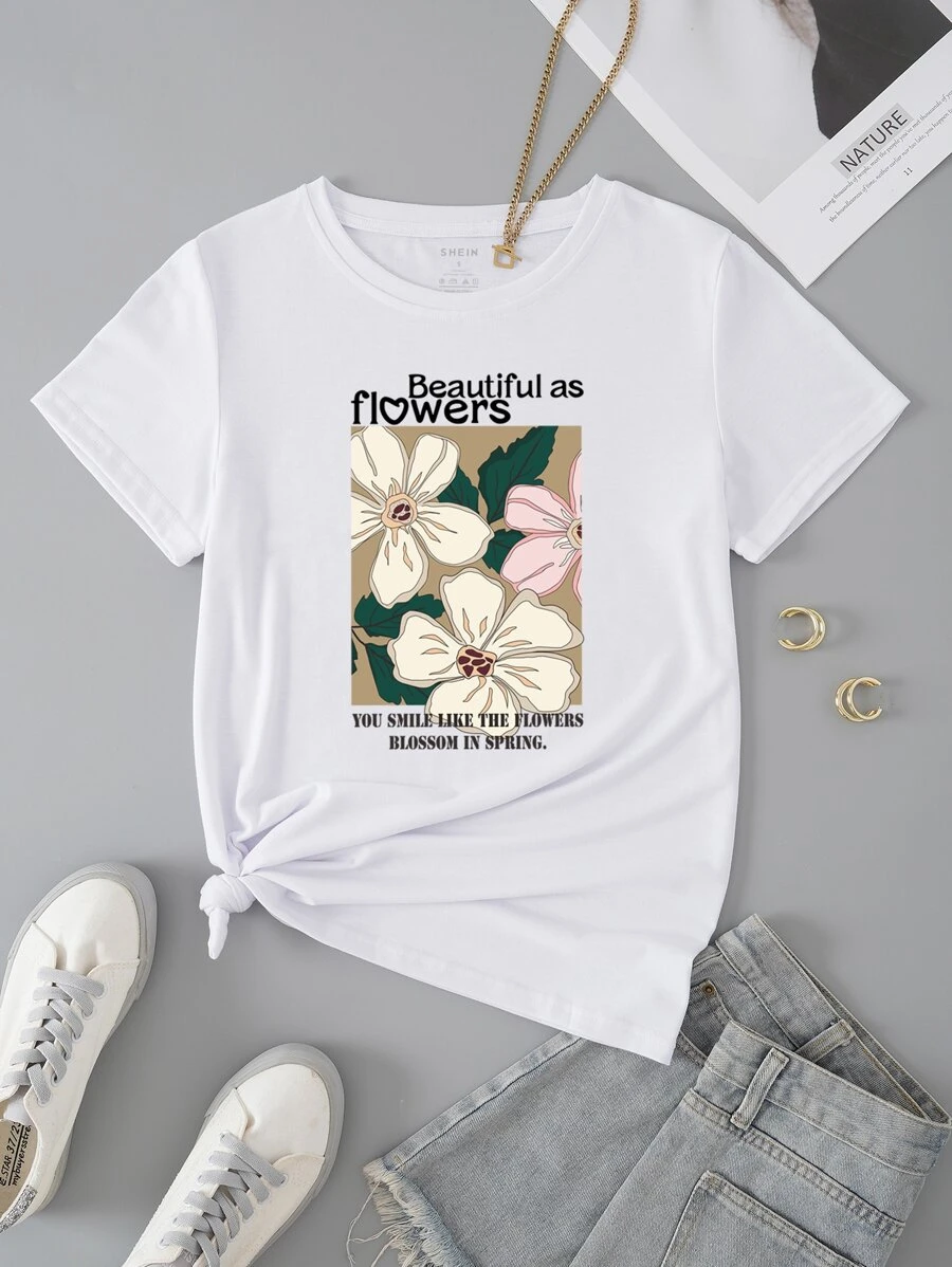 SHEIN VCAY Áo thun nữ Hoa Slogan Giải trí - trắng - Xem 1