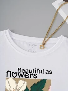 SHEIN VCAY Áo thun nữ Hoa Slogan Giải trí - trắng - Xem 4