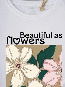 SHEIN VCAY Áo thun nữ Hoa Slogan Giải trí - trắng - Xem 6