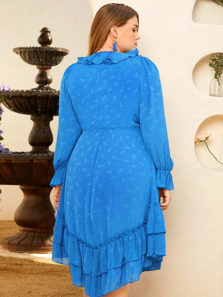 Plus 1pc Jacquard Ruffle Trim Flounce Sleeve Layered Hem Dress