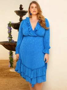 SHEIN VCAY Plus 1pc Jacquard Ruffle Trim Flounce Sleeve Layered Hem Dress - Blue - View 4