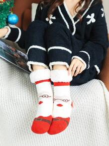 Calcetines de tripulación con patrón de Papá Noel de Navidad en contraste mullido - Multicolor - Ver 1