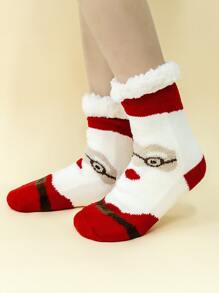 Calcetines de tripulación con patrón de Papá Noel de Navidad en contraste mullido - Multicolor - Ver 4