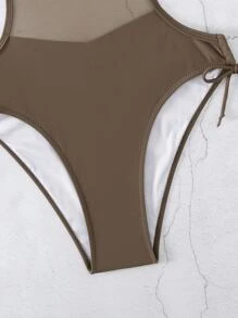交叉鋼圈連體泳衣 - 咖啡棕 - 查看 4