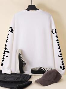 Manfinity Men Slogan & Eagle Print Drop Shoulder Pullover - White - View 2