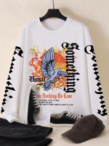 Manfinity Men Slogan & Eagle Print Drop Shoulder Pullover - White - View 4