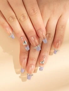 24 chiếc Dài Quan Tài 3D Kim Cương Giả Trang Trí Móng Tay Giả và 1 Dũa Móng Tay và 1 Băng Dính - Nhiều màu - Xem 1