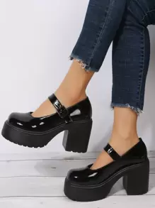 Platform Chunky Heeled Mary Jane Shoes - Black - View 1