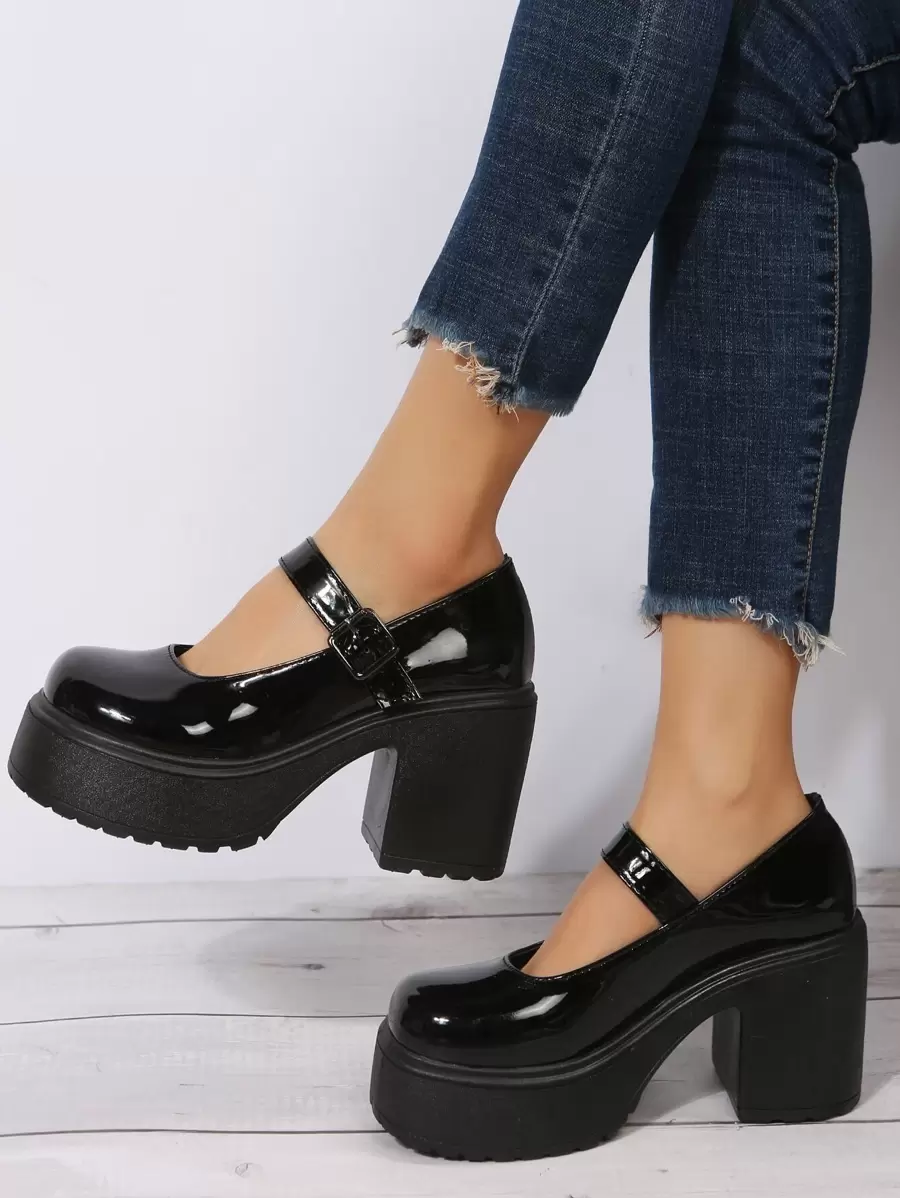 Platform Chunky Heeled Mary Jane Shoes - Black - View 1