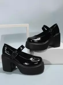 Platform Chunky Heeled Mary Jane Shoes - Black - View 2