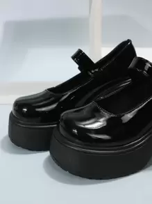Platform Chunky Heeled Mary Jane Shoes - Black - View 5