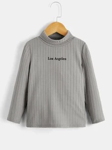 SHEIN Tops con trai lớn Gân đan Lá thư Giải trí - Xám - Xem 1